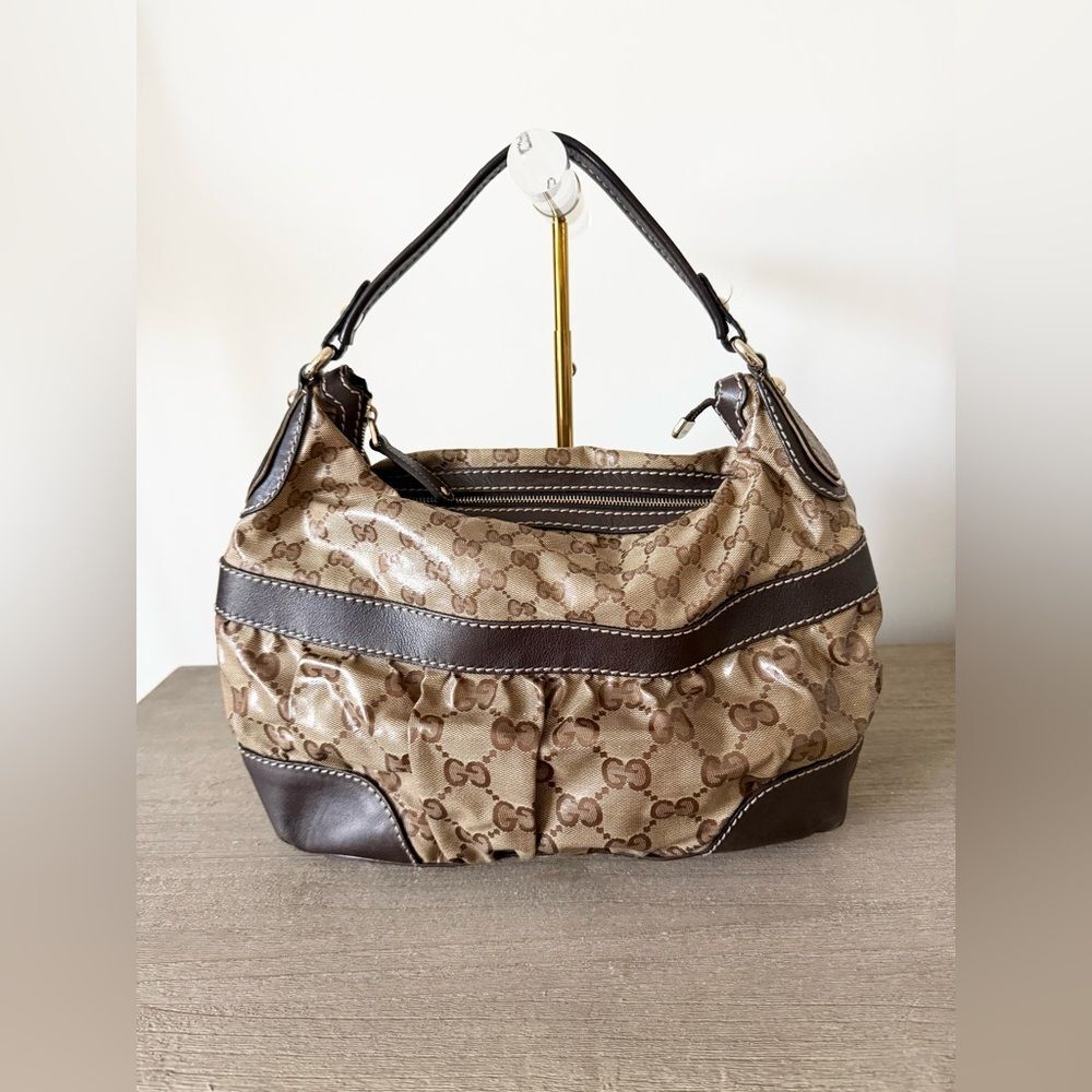 Gucci GG Crystal Hobo Shoulder Bag in Brown Coated Monogram & Leather